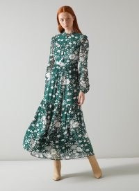 L.K. BENNETT Patti Green and Cream Whimsical Floral Print Tiered Midi Dress ~ floaty ladylike dresses