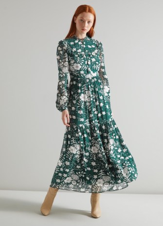 L.K. BENNETT Patti Green and Cream Whimsical Floral Print Tiered Midi Dress ~ floaty ladylike dresses - flipped