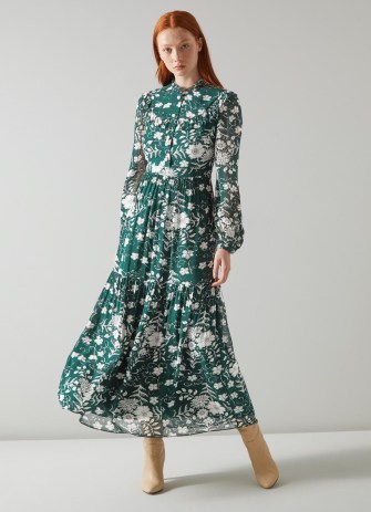 L.K. BENNETT Patti Green and Cream Whimsical Floral Print Tiered Midi Dress ~ floaty ladylike dresses