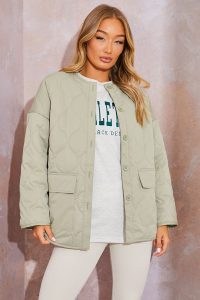 PERRIE SIAN LIGHT KHAKI QUILTED JACKET – women’s casual light green collarless jackets
