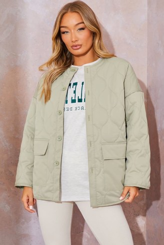 PERRIE SIAN LIGHT KHAKI QUILTED JACKET – women’s casual light green collarless jackets - flipped
