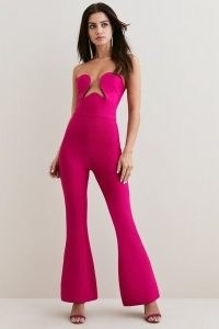 KAREN MILLEN Petite Knitted Bandage Corset Detail Jumpsuit in Fuchsia | fitted hot pink plunging evening jumpsuits | plunge front | glamorous party fashion