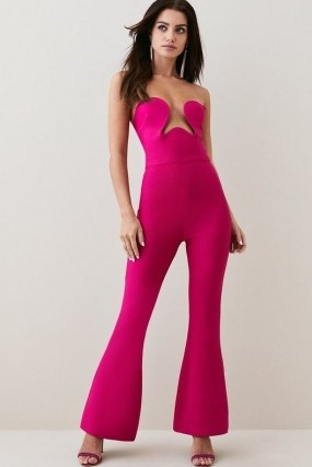 KAREN MILLEN Petite Knitted Bandage Corset Detail Jumpsuit in Fuchsia | fitted hot pink plunging evening jumpsuits | plunge front | glamorous party fashion - flipped