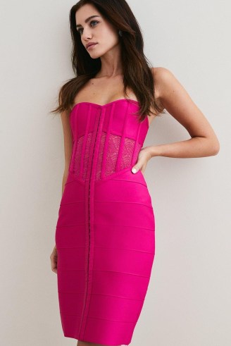 KAREN MILLEN Petite Knitted Bandage Corset Mini Dress in Fuchsia | hot pink strapless dresses | fitted bodice party fashion | evening glamour | lace panel bodycon - flipped