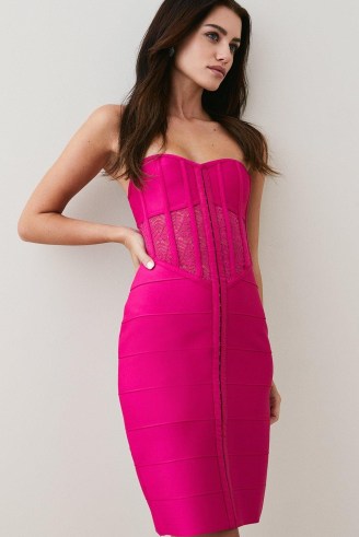 KAREN MILLEN Petite Knitted Bandage Corset Mini Dress in Fuchsia | hot pink strapless dresses | fitted bodice party fashion | evening glamour | lace panel bodycon