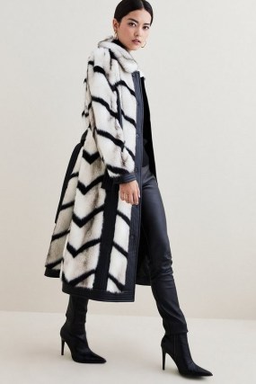 KAREN MILLEN Petite Panelled Stripe Faux Fur Pu Belt Coat ~ winter glamour ~ glamorous belted coats - flipped