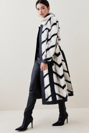 KAREN MILLEN Petite Panelled Stripe Faux Fur Pu Belt Coat ~ winter glamour ~ glamorous belted coats