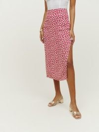 Reformation Phoebe Skirt in Grenadine / red floral side split slim fitting midi skirts