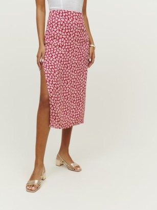 Reformation Phoebe Skirt in Grenadine / red floral side split slim fitting midi skirts - flipped