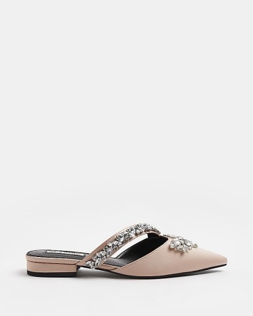 RIVER ISLAND PINK EMBELLISHED BACKLESS SHOES ~ luxe style pointed toe low heel mules - flipped
