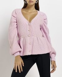 RIVER ISLAND PINK EMBELLISHED PEPLUM CARDIGAN ~ feminine long puff sleeved tiered hem faux peal cardigans ~ ribbed knit ~ on-trend knitwear