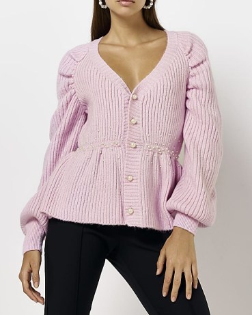 RIVER ISLAND PINK EMBELLISHED PEPLUM CARDIGAN ~ feminine long puff sleeved tiered hem faux peal cardigans ~ ribbed knit ~ on-trend knitwear - flipped