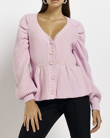 RIVER ISLAND PINK EMBELLISHED PEPLUM CARDIGAN ~ feminine long puff sleeved tiered hem faux peal cardigans ~ ribbed knit ~ on-trend knitwear
