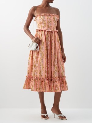 AGUA BY AGUA BENDITA Rosa ruffled floral-print cotton-poplin dress in pink / strapless ruffle trimmed dresses