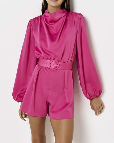 RIVER ISLAND PINK SATIN PLAYSUIT – slinky long sleeve high neck evening playsuits - flipped