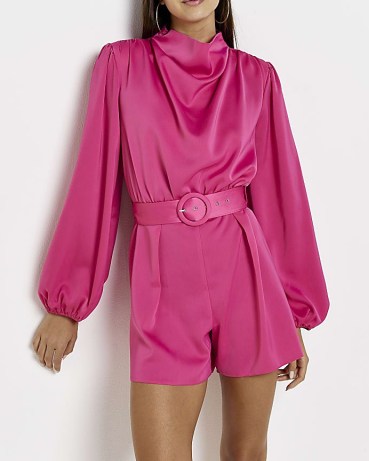 RIVER ISLAND PINK SATIN PLAYSUIT – slinky long sleeve high neck evening playsuits