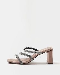 RIVER ISLAND PINK WIDE FIT DIAMANTE HEELED MULES ~ embellished triple strap mule sandals ~ square toe ~ block heel