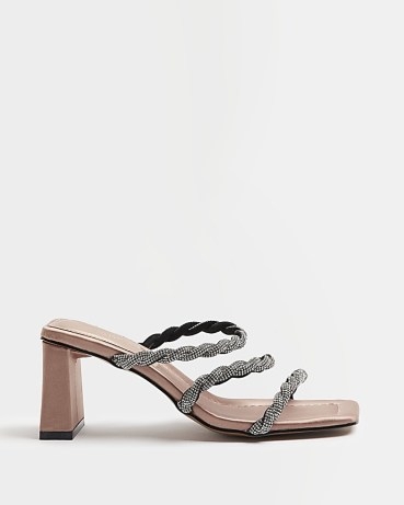 RIVER ISLAND PINK WIDE FIT DIAMANTE HEELED MULES ~ embellished triple strap mule sandals ~ square toe ~ block heel - flipped