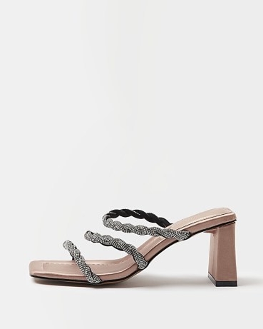 RIVER ISLAND PINK WIDE FIT DIAMANTE HEELED MULES ~ embellished triple strap mule sandals ~ square toe ~ block heel