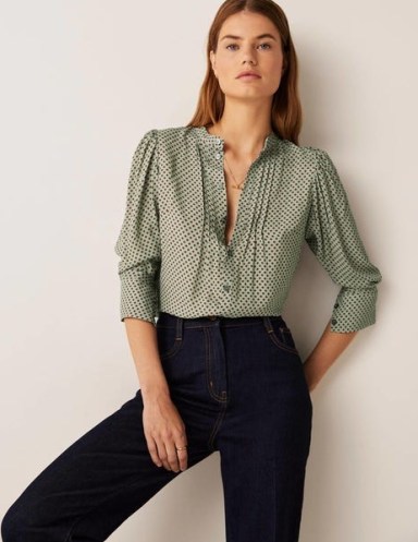 Boden Pleated Button Through Blouse Jadeite Green, Spot – vintage style polka dot blouses - flipped