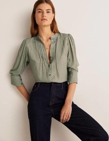 Boden Pleated Button Through Blouse Jadeite Green, Spot – vintage style polka dot blouses
