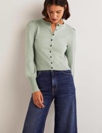 Boden Pointelle Detail Cardigan Jadeite Green ~ women’s long blouson sleeve button front cardigans