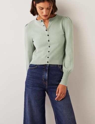 Boden Pointelle Detail Cardigan Jadeite Green ~ women’s long blouson sleeve button front cardigans - flipped