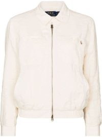 Polo Ralph Lauren embroidered logo zipped bomber jacket in cream white / women’s casual front zip up jackets / FARFETCH