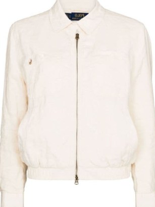 Polo Ralph Lauren embroidered logo zipped bomber jacket in cream white / women’s casual front zip up jackets / FARFETCH - flipped