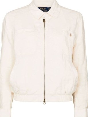Polo Ralph Lauren embroidered logo zipped bomber jacket in cream white / women’s casual front zip up jackets / FARFETCH