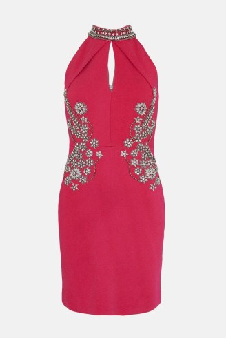 KAREN MILLEN Ponte Key Hole Mini Dress With Crystal Embellishment in Pink | sleeveless front keyhole cut out party dresses | glamorous evening occasion fashion - flipped