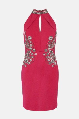 KAREN MILLEN Ponte Key Hole Mini Dress With Crystal Embellishment in Pink | sleeveless front keyhole cut out party dresses | glamorous evening occasion fashion