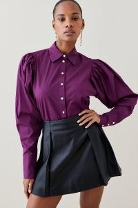 KAREN MILLEN Poplin Pleat Drama Sleeve Woven Shirt in Purple ~ women’s long puff sleeved shirts ~ jewel tones ~ autumn fashion colours