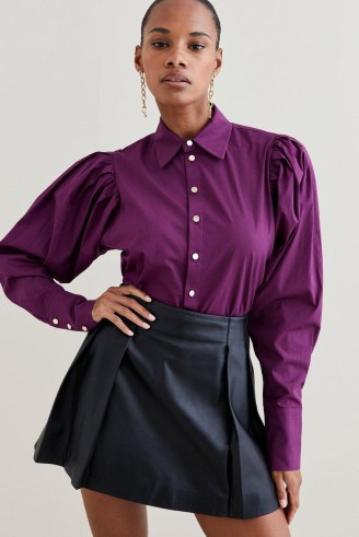 KAREN MILLEN Poplin Pleat Drama Sleeve Woven Shirt in Purple ~ women’s long puff sleeved shirts ~ jewel tones ~ autumn fashion colours - flipped