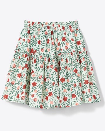 Draper James Pull on Mini Skirt in Strawberry Field ~ women’s cotton fruit print ruffle detail skirts - flipped