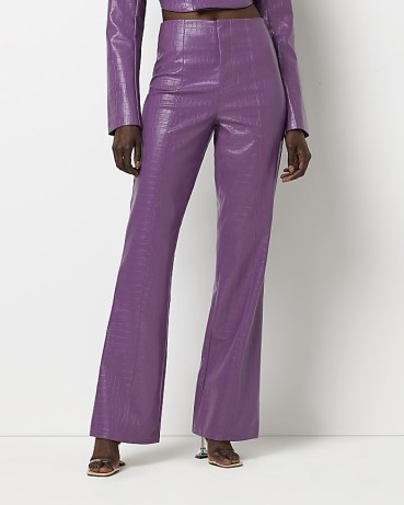RIVER ISLAND PURPLE CROC EMBOSSED WIDE LEG TROUSERS ~ faux leather crocodile effect pants ~ animal print going out fashion - flipped