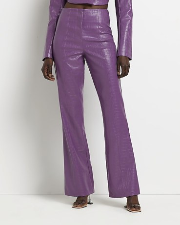 RIVER ISLAND PURPLE CROC EMBOSSED WIDE LEG TROUSERS ~ faux leather crocodile effect pants ~ animal print going out fashion