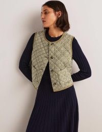 Boden Quilted Vest Basil Green, Dainty Geo / womens floral print vests / womens cute quilt detail sleeveless jackets / autumn layering