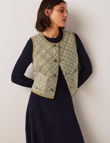 Boden Quilted Vest Basil Green, Dainty Geo / womens floral print vests / womens cute quilt detail sleeveless jackets / autumn layering - flipped