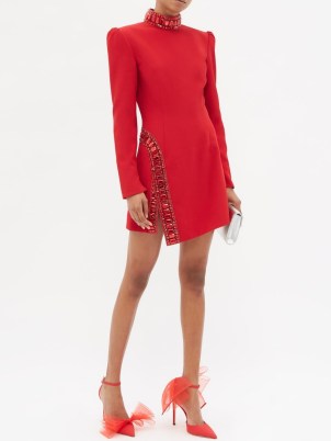 ANDREW GN Crystal-embellished crepe mini dress in red ~ long sleeved high neck dresses ~ asymmetric occasion fashion ~ padded shoulders for structure ~ women’s designer evening event clothes ~ slit hem ~ glamour ~ MATCHESFASHION - flipped