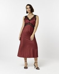 RIVER ISLAND RED SATIN LACE MIDI SLIP DRESS ~ sleeveless V-neck empire waist dresses