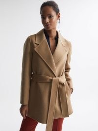REISS AMALIA BELTED BLINDSEAM SHORT WOOL COAT CAMEL ~ light brown tie waist short length coats ~ classic style outerwear