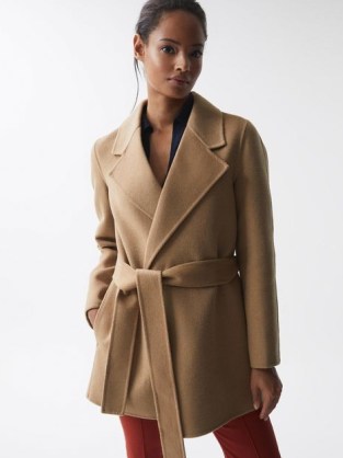 REISS AMALIA BELTED BLINDSEAM SHORT WOOL COAT CAMEL ~ light brown tie waist short length coats ~ classic style outerwear - flipped