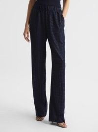 REISS ARIELLE WIDE LEG EMBELLISHED TROUSERS NAVY ~ women’s dark blue crystal covered evening pants ~ chic party fashion