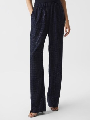 REISS ARIELLE WIDE LEG EMBELLISHED TROUSERS NAVY ~ women’s dark blue crystal covered evening pants ~ chic party fashion - flipped