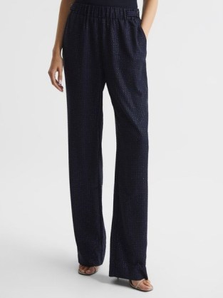 REISS ARIELLE WIDE LEG EMBELLISHED TROUSERS NAVY ~ women’s dark blue crystal covered evening pants ~ chic party fashion