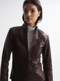 REISS ANIA LEATHER ZIP FRONT BIKER JACKET BERRY ~ women’s soft luxe collarless jackets ~ colours for autumn outerwear