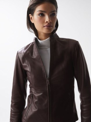 REISS ANIA LEATHER ZIP FRONT BIKER JACKET BERRY ~ women’s soft luxe collarless jackets ~ colours for autumn outerwear - flipped
