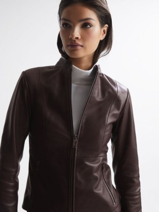 REISS ANIA LEATHER ZIP FRONT BIKER JACKET BERRY ~ women’s soft luxe collarless jackets ~ colours for autumn outerwear