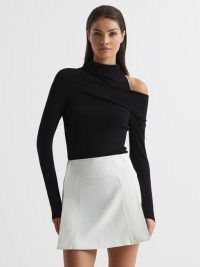 REISS AMY HIGH NECK CUT OUT SHOULDER TOP BLACK ~ long sleeved asymmetric drape front jersey tops ~ essential fashion for a chic wardrobe ~ women’s contemporary clothes